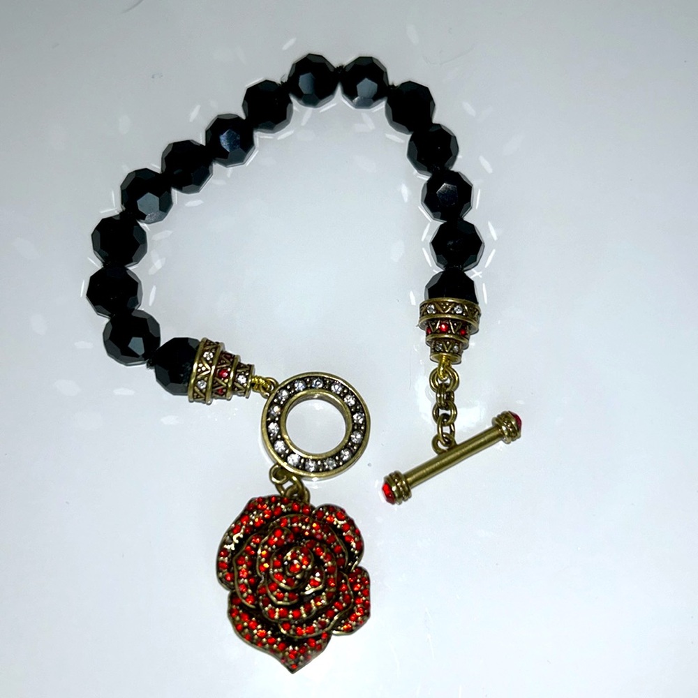 NWOT Retired Heidi Daus Designer Red Rose Rhinestone Toggle Bracelet Flower Boho